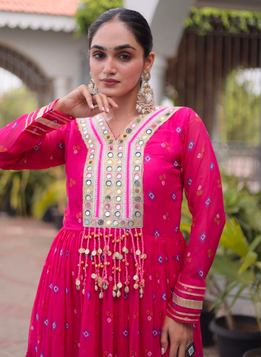 Pink Pure Faux Georgette Lahariya Print with Kutchi Patchwork Navratri Lehenga Choli
