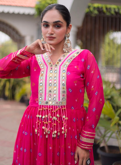 Pink Pure Faux Georgette Lahariya Print with Kutchi Patchwork Navratri Lehenga Choli