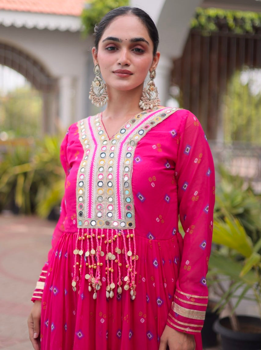 Pink Pure Faux Georgette Lahariya Print with Kutchi Patchwork Navratri Lehenga Choli