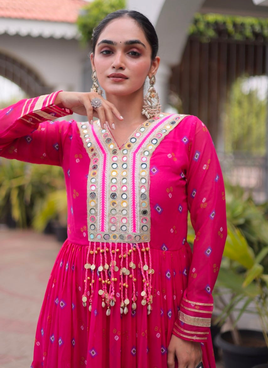 Pink Pure Faux Georgette Lahariya Print with Kutchi Patchwork Navratri Lehenga Choli
