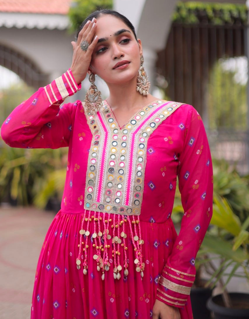 Pink Pure Faux Georgette Lahariya Print with Kutchi Patchwork Navratri Lehenga Choli