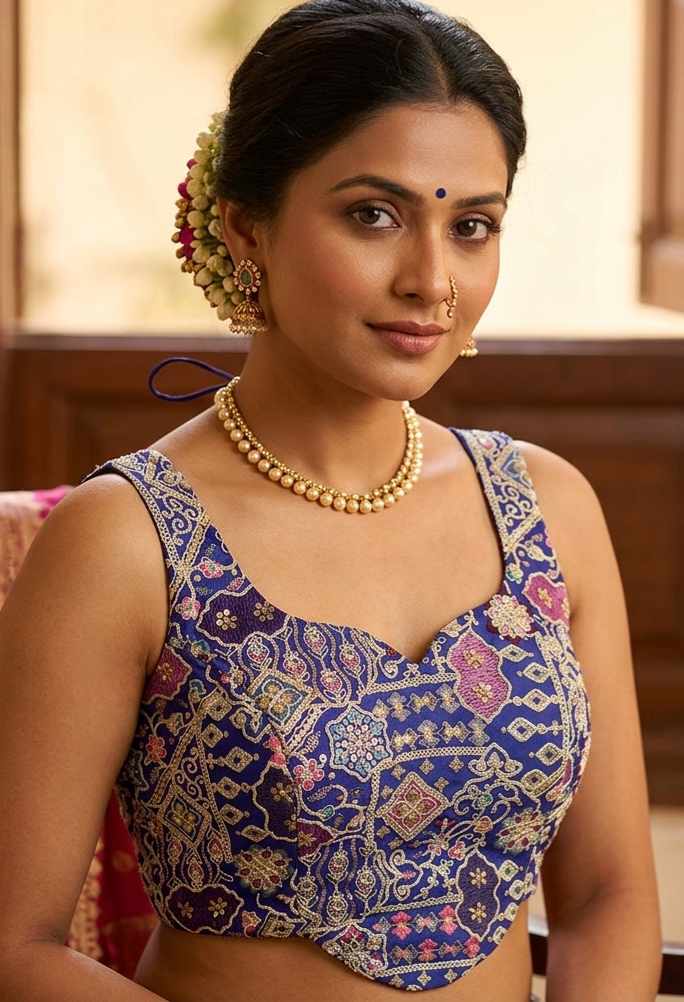 Blue Pure Fox Georgette Antique Codding Sequins Wok Blouse