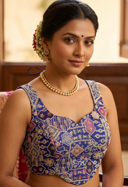 Blue Pure Fox Georgette Antique Codding Sequins Wok Blouse