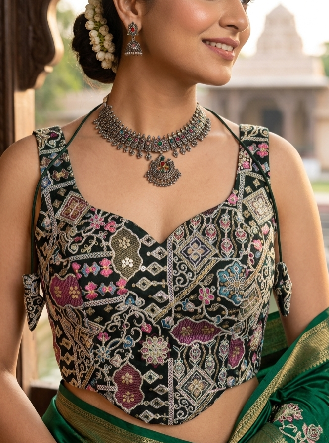 Green Pure Fox Georgette Antique Codding Sequins Wok Blouse