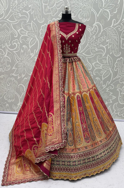 Multi Pink Pure Banarasi Silk Zari Handwork Crystal studded Thread Work Bridal Lehenga Choli