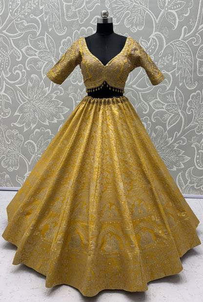 Royal Yellow Pure Banarasi Silk Zari Figure Pattern Weaving Work Bridal Lehenga Choli