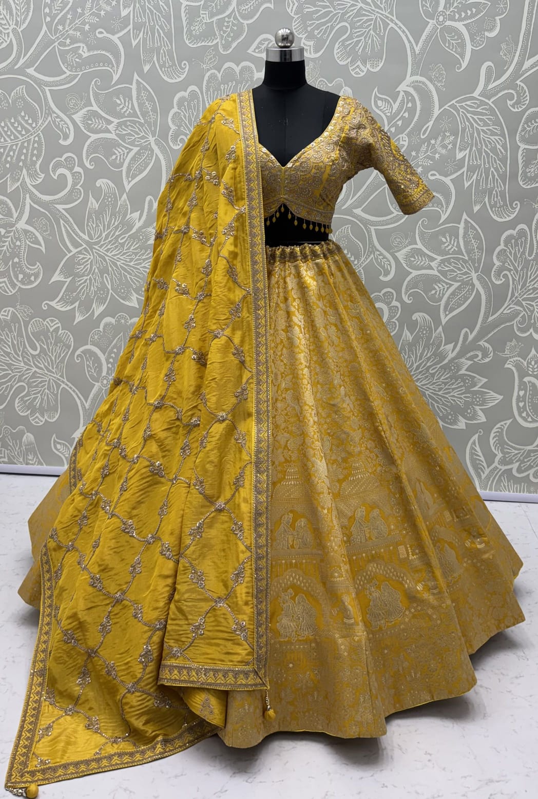 Royal Yellow Pure Banarasi Silk Zari Figure Pattern Weaving Work Bridal Lehenga Choli