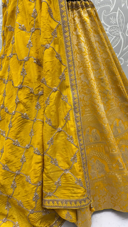 Royal Yellow Pure Banarasi Silk Zari Figure Pattern Weaving Work Bridal Lehenga Choli