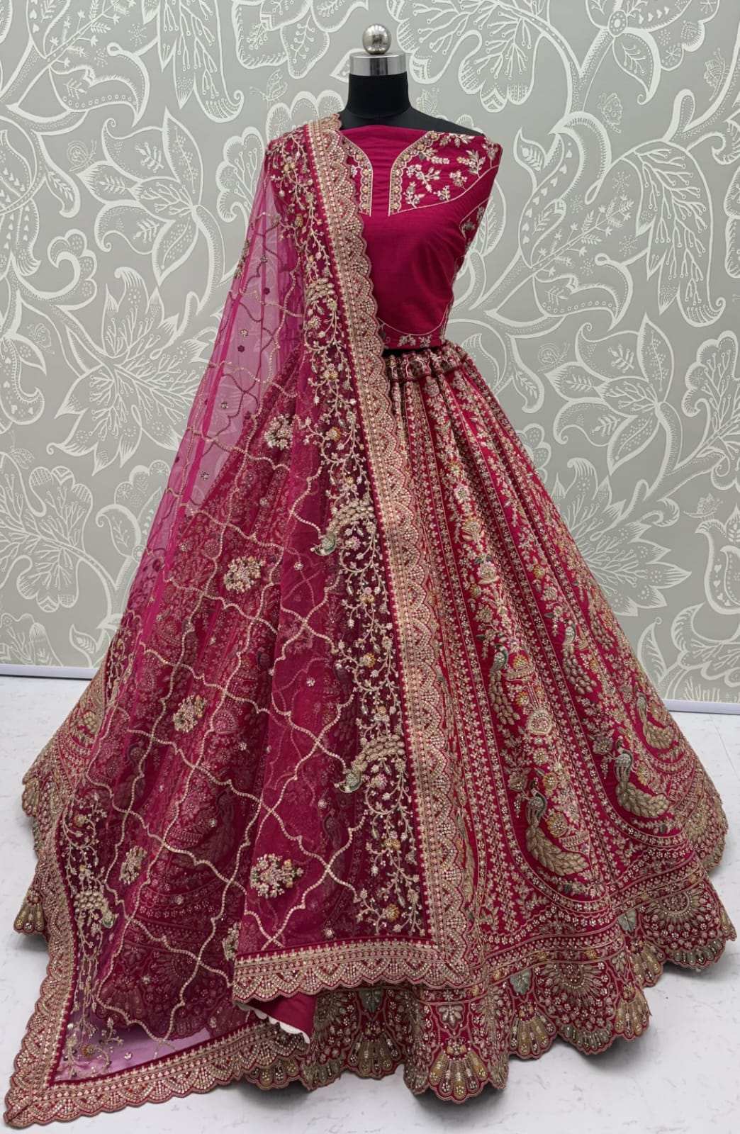 Rani Pure Heavy Satin Silk Peacock Embroidered Thread Dori Sequins &amp; Diamond Work Bridal Lehenga Choli