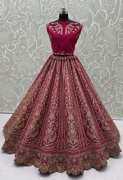 Rani Pure Heavy Satin Silk Peacock Embroidered Thread Dori Sequins &amp; Diamond Work Bridal Lehenga Choli