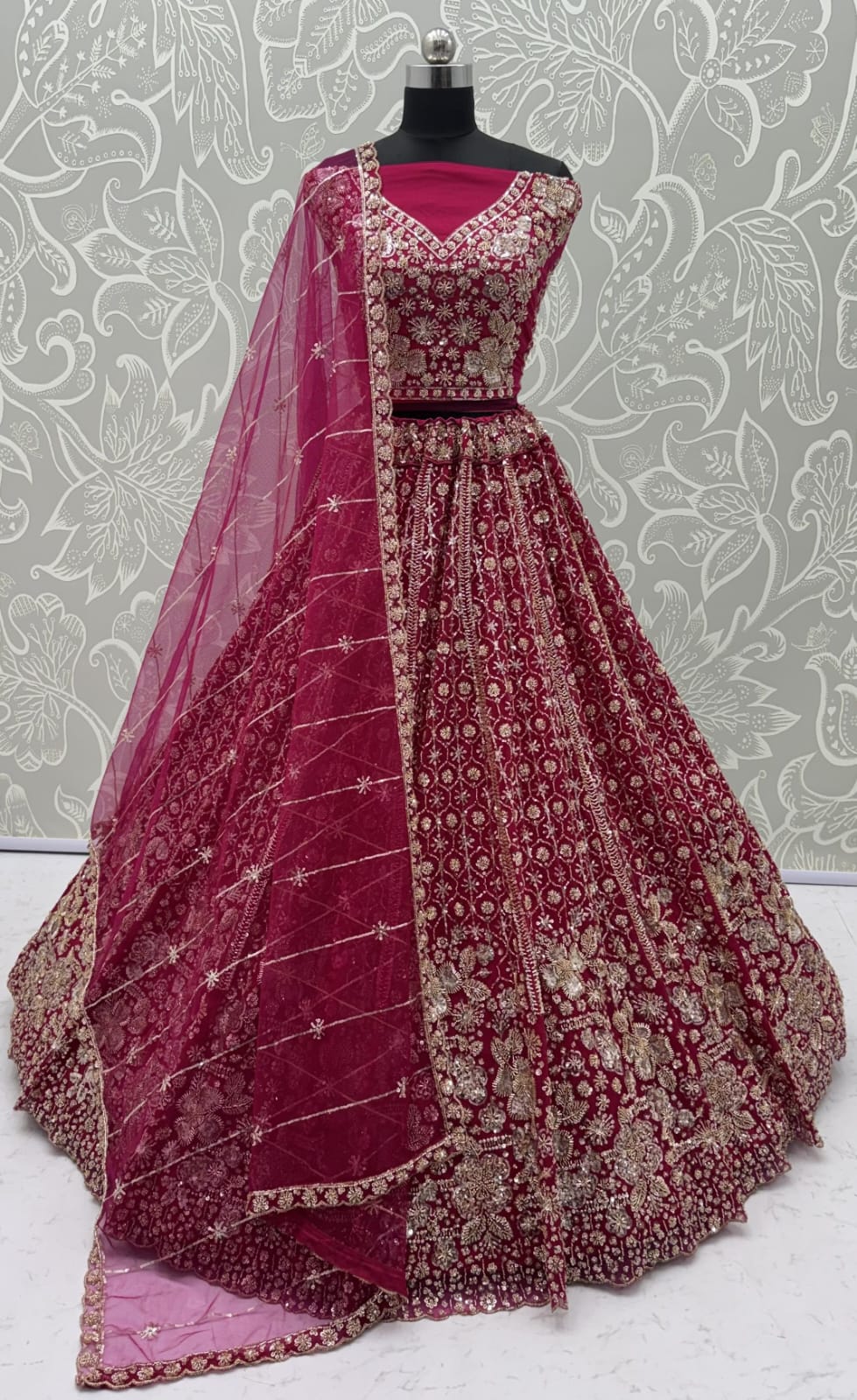 Red Pure Heavy Net Motif Sequins Zari Embroidery Work Net Bridal Lehenga Choli