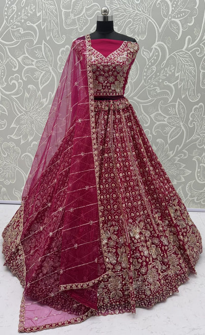 Red Pure Heavy Net Motif Sequins Zari Embroidery Work Net Bridal Lehenga Choli