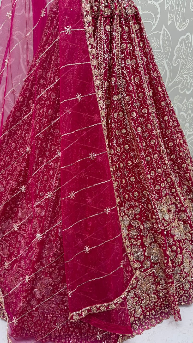 Red Pure Heavy Net Motif Sequins Zari Embroidery Work Net Bridal Lehenga Choli