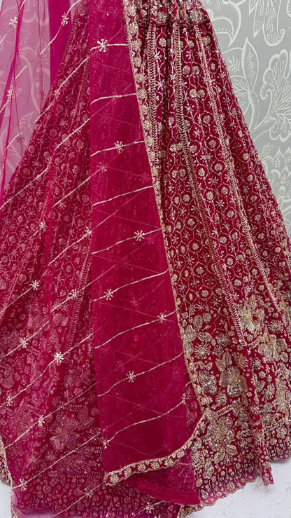 Red Pure Heavy Net Motif Sequins Zari Embroidery Work Net Bridal Lehenga Choli