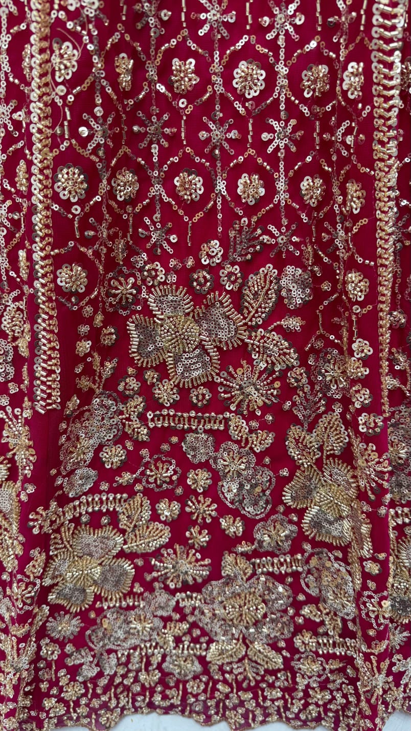 Red Pure Heavy Net Motif Sequins Zari Embroidery Work Net Bridal Lehenga Choli