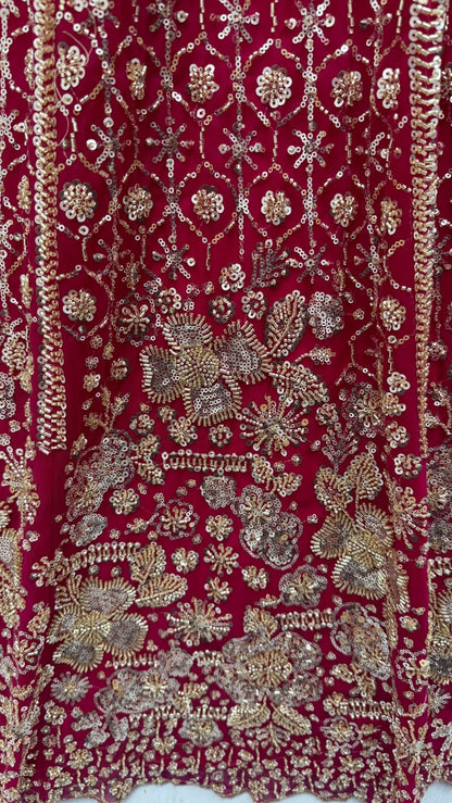 Red Pure Heavy Net Motif Sequins Zari Embroidery Work Net Bridal Lehenga Choli