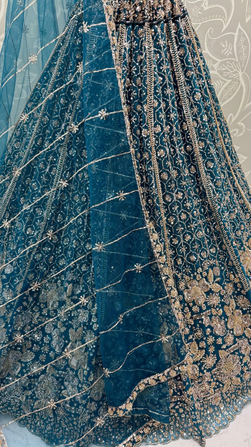 Blue Pure Heavy Net Motif Sequins Zari Embroidery Work Net Bridal Lehenga Choli