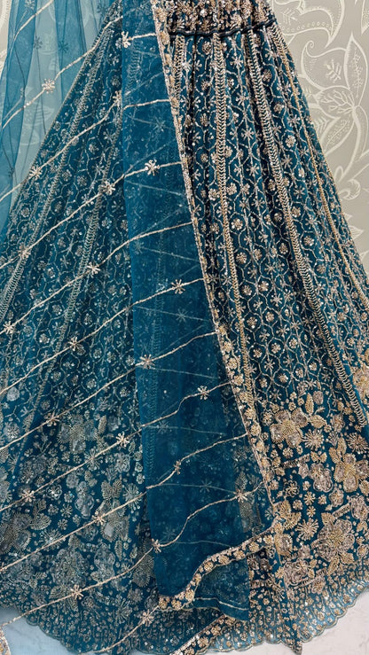Blue Pure Heavy Net Motif Sequins Zari Embroidery Work Net Bridal Lehenga Choli