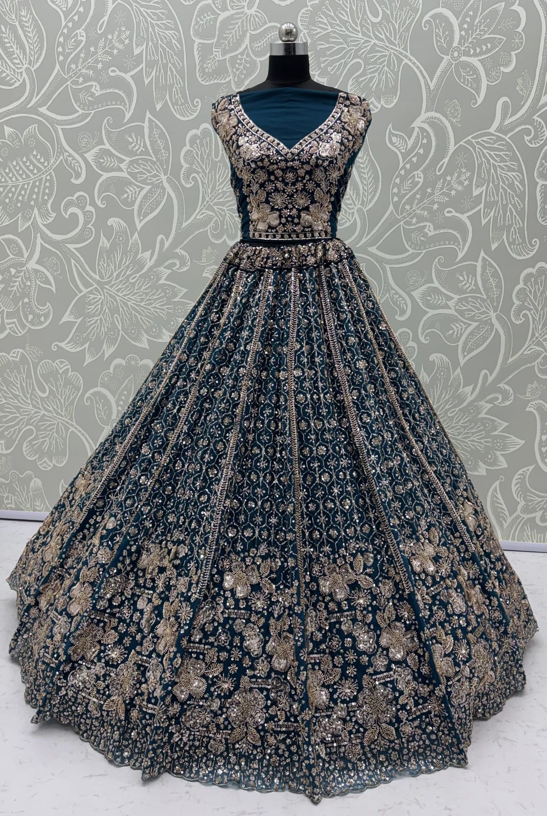 Blue Pure Heavy Net Motif Sequins Zari Embroidery Work Net Bridal Lehenga Choli