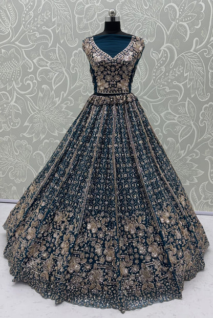 Blue Pure Heavy Net Motif Sequins Zari Embroidery Work Net Bridal Lehenga Choli