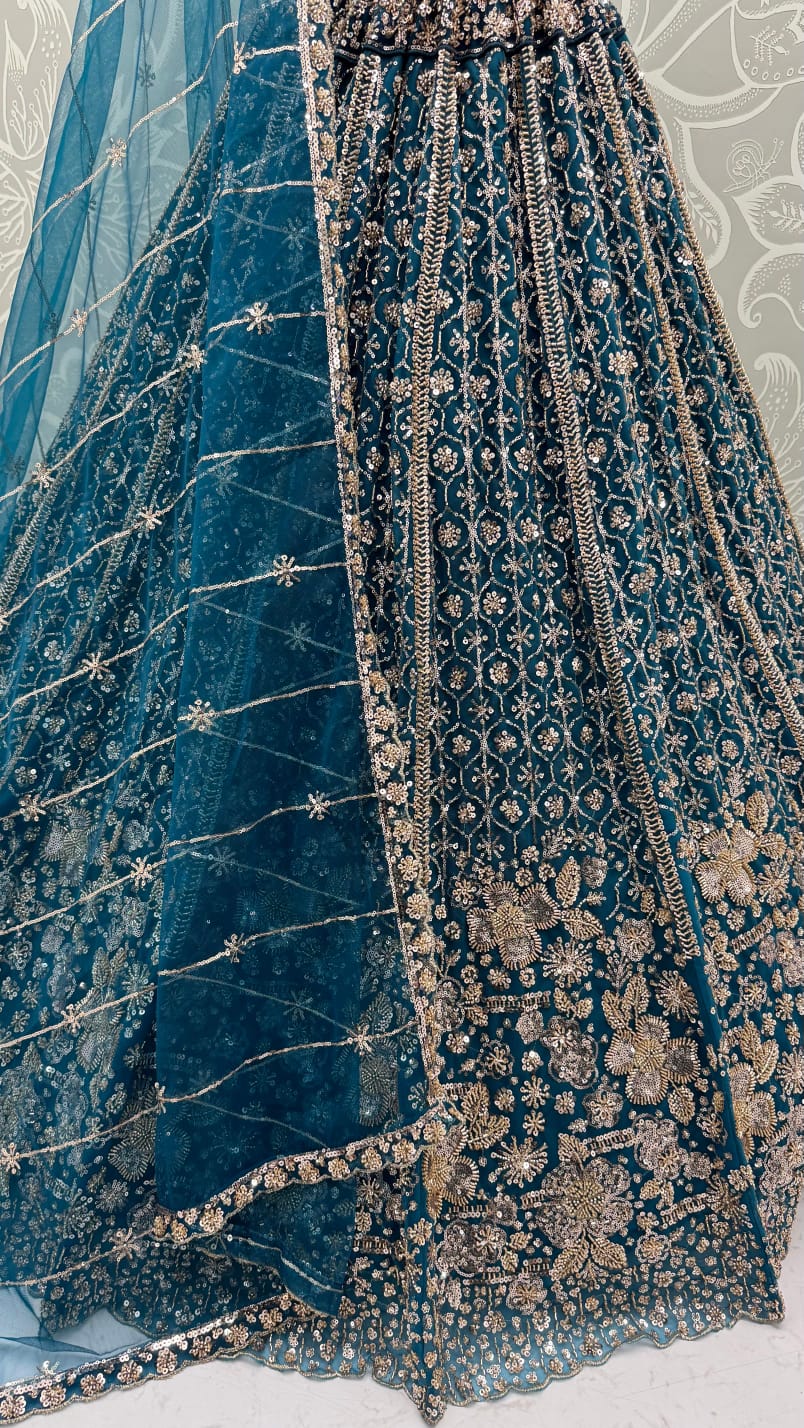 Blue Pure Heavy Net Motif Sequins Zari Embroidery Work Net Bridal Lehenga Choli