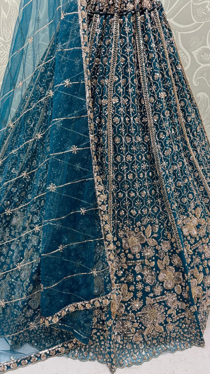 Blue Pure Heavy Net Motif Sequins Zari Embroidery Work Net Bridal Lehenga Choli