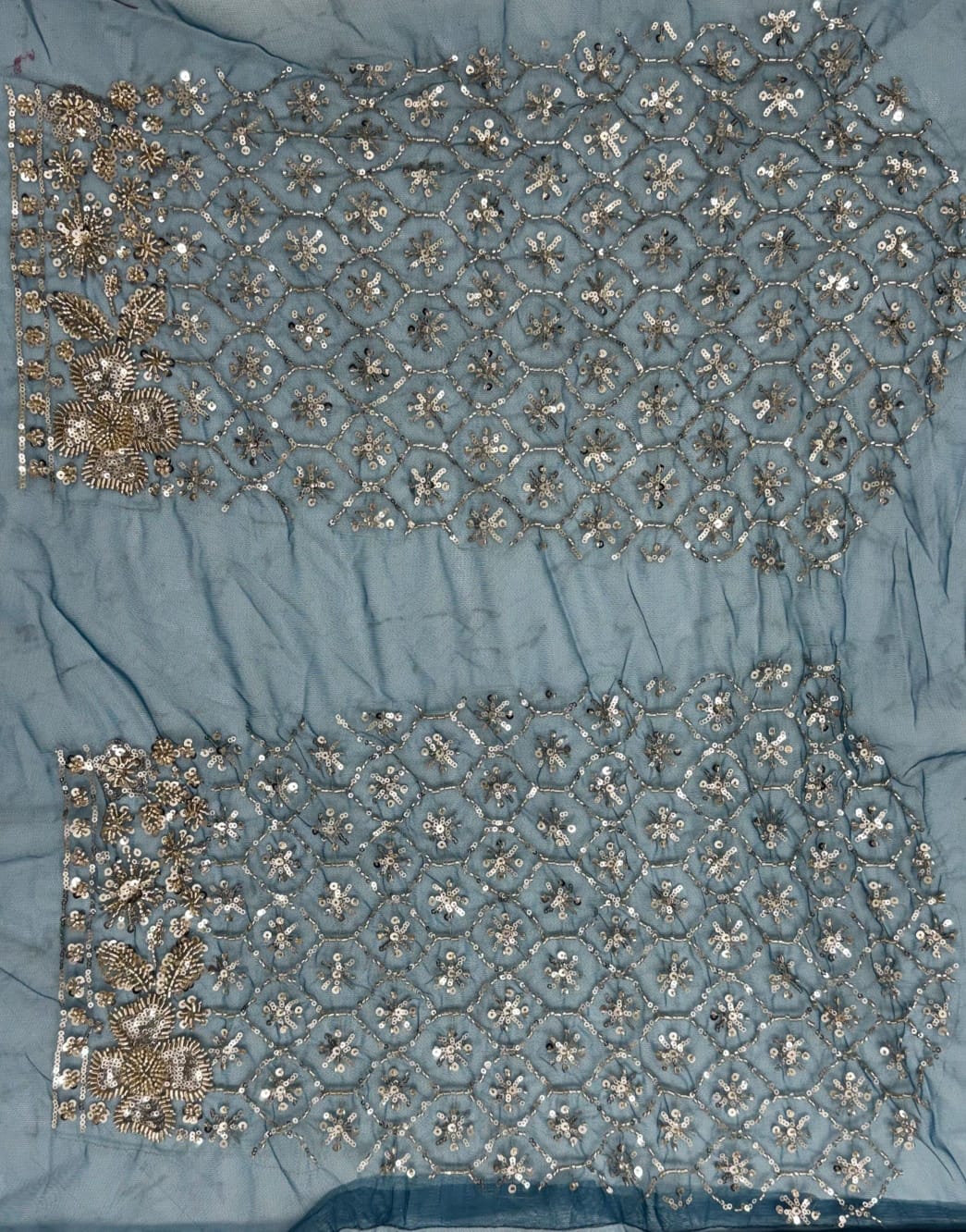 Blue Pure Heavy Net Motif Sequins Zari Embroidery Work Net Bridal Lehenga Choli