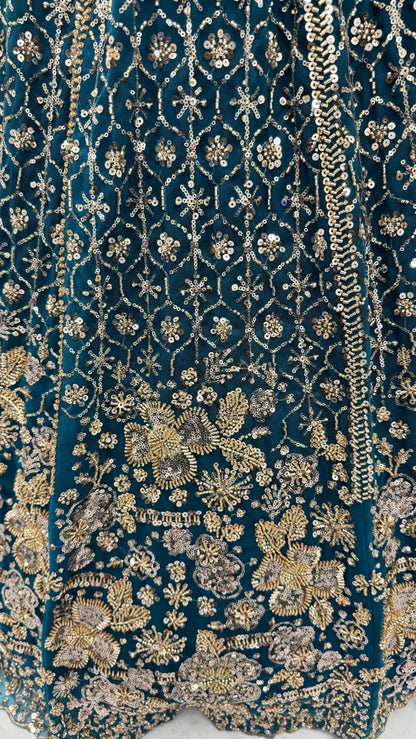 Blue Pure Heavy Net Motif Sequins Zari Embroidery Work Net Bridal Lehenga Choli