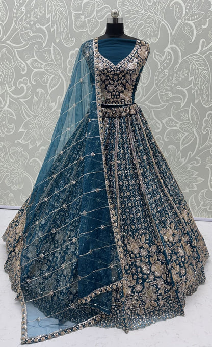 Blue Pure Heavy Net Motif Sequins Zari Embroidery Work Net Bridal Lehenga Choli