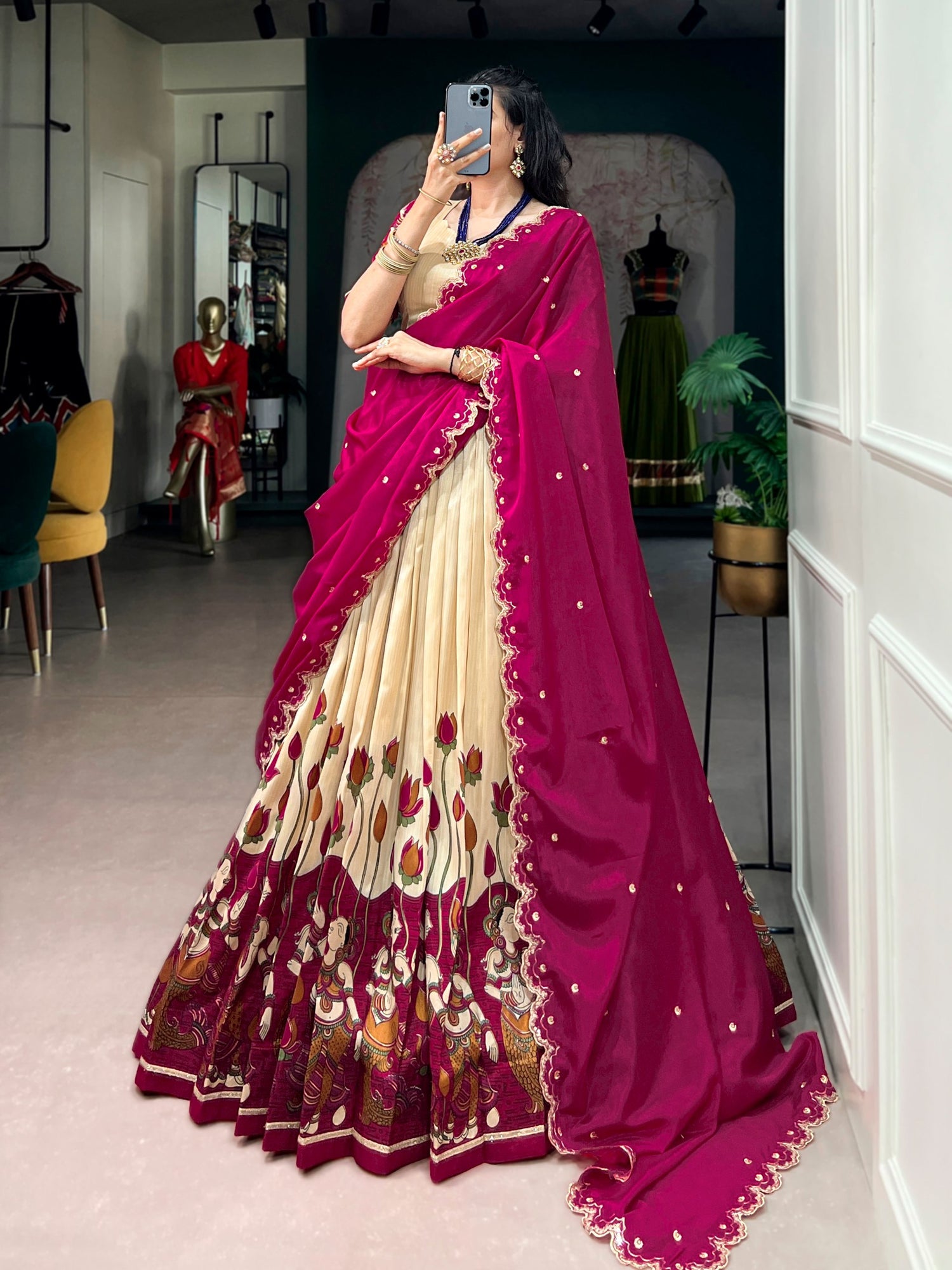 Off White Pure Tasar Silk Kalamkari Print Navratri Lehenga Choli