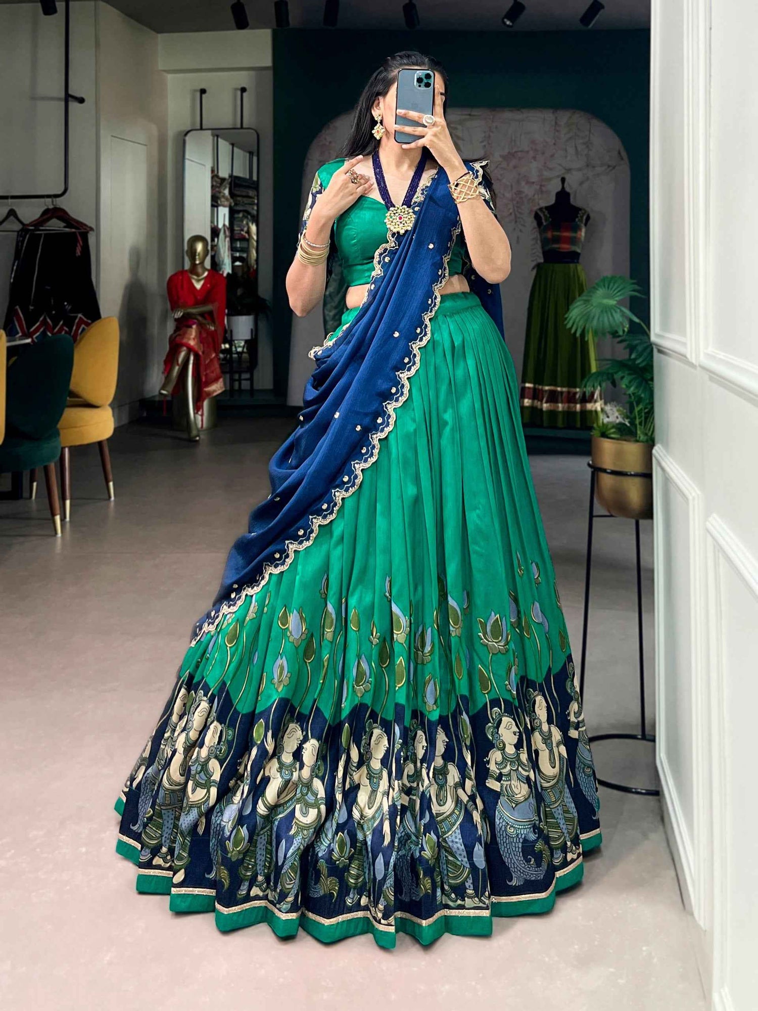 Peacock Pure Tasar Silk Kalamkari Print Navratri Lehenga Choli