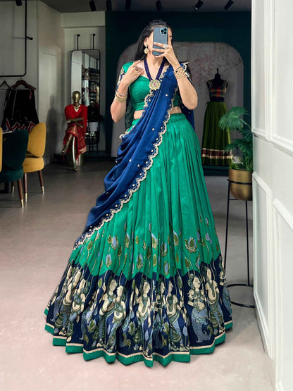 Peacock Pure Tasar Silk Kalamkari Print Navratri Lehenga Choli