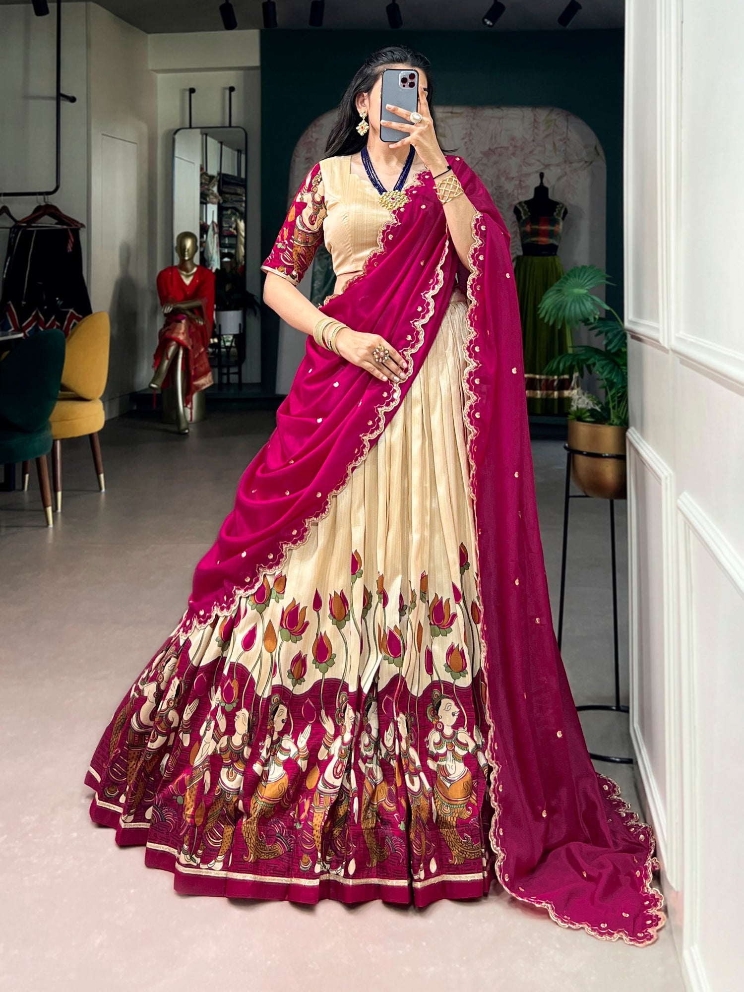 Off White Pure Tasar Silk Kalamkari Print Navratri Lehenga Choli