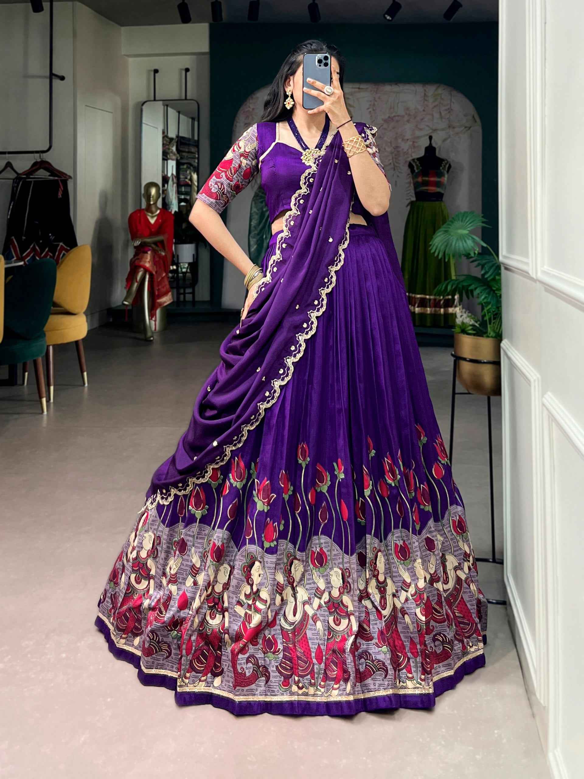 Purple Pure Tasar Silk Kalamkari Print Navratri Lehenga Choli
