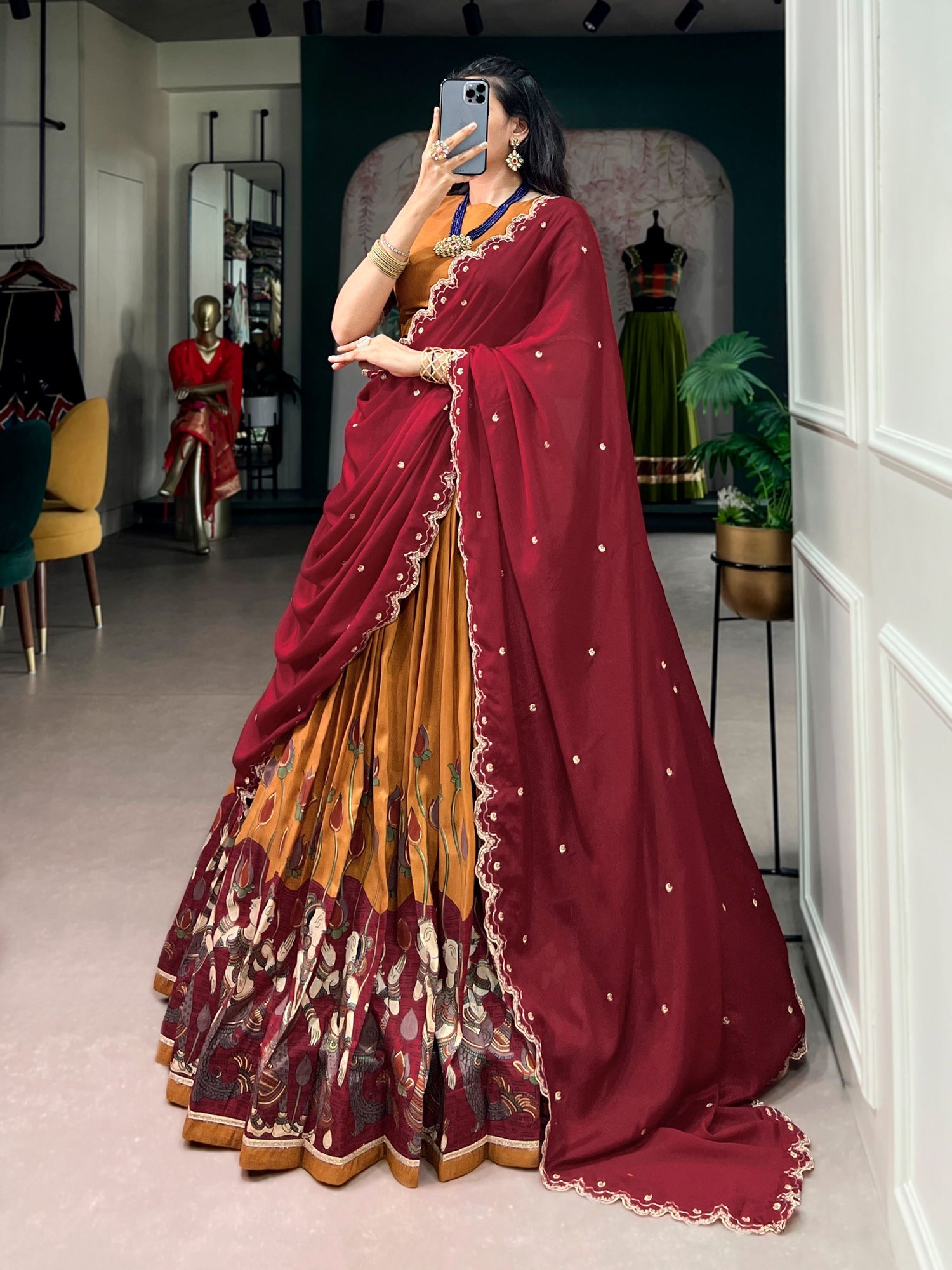 Mustard Pure Tasar Silk Kalamkari Print Navratri Lehenga Choli