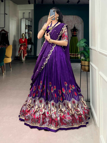 Purple Pure Tasar Silk Kalamkari Print Navratri Lehenga Choli