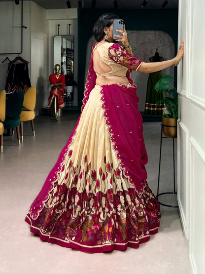 Off White Pure Tasar Silk Kalamkari Print Navratri Lehenga Choli