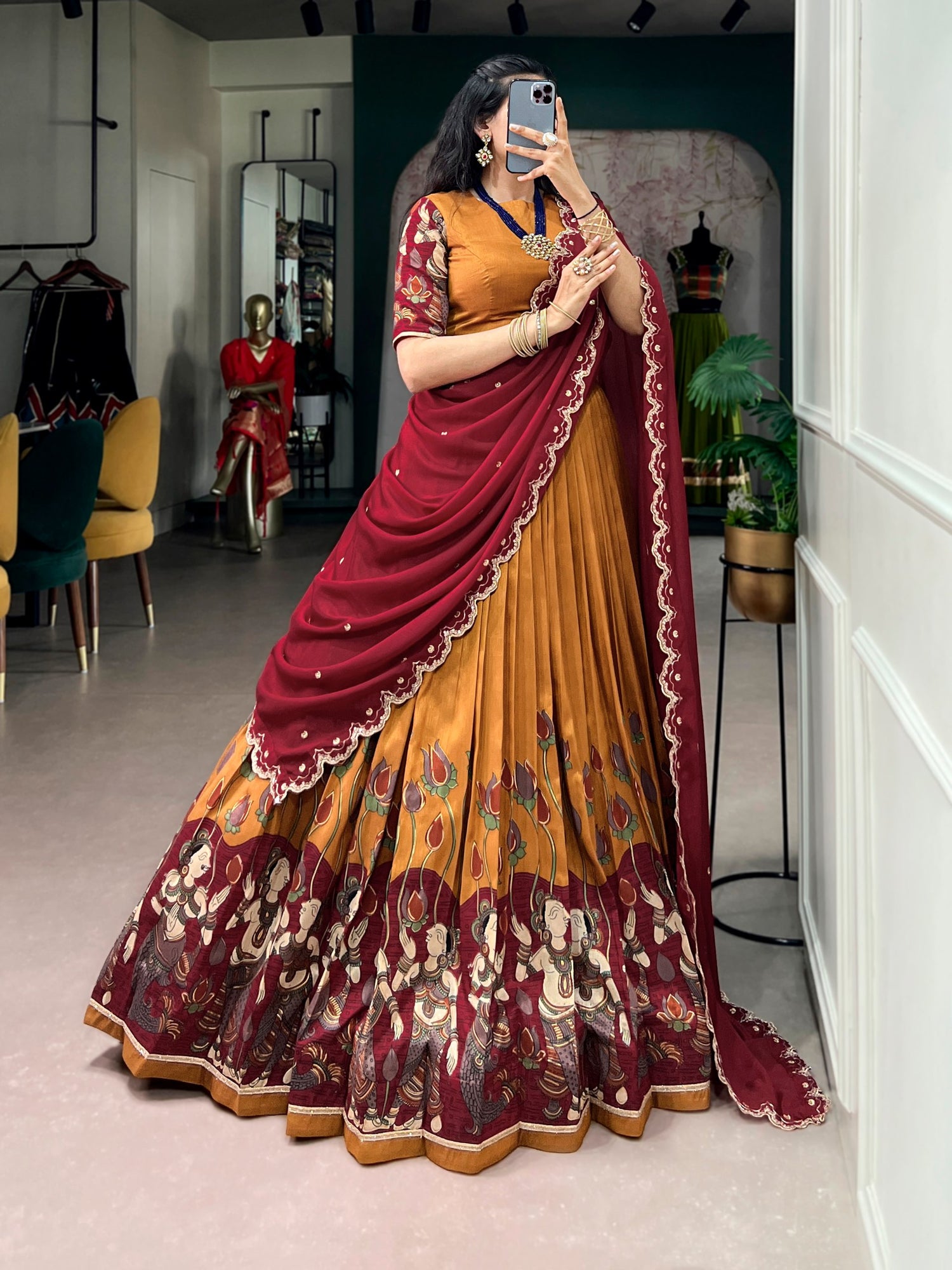 Mustard Pure Tasar Silk Kalamkari Print Navratri Lehenga Choli