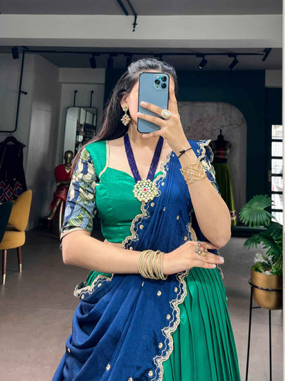 Peacock Pure Tasar Silk Kalamkari Print Navratri Lehenga Choli
