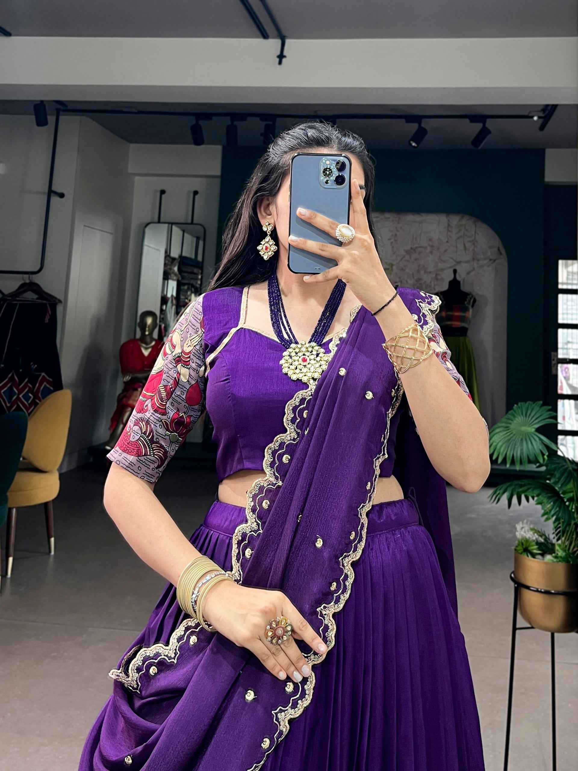 Purple Pure Tasar Silk Kalamkari Print Navratri Lehenga Choli
