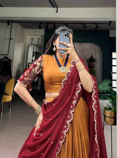 Mustard Pure Tasar Silk Kalamkari Print Navratri Lehenga Choli