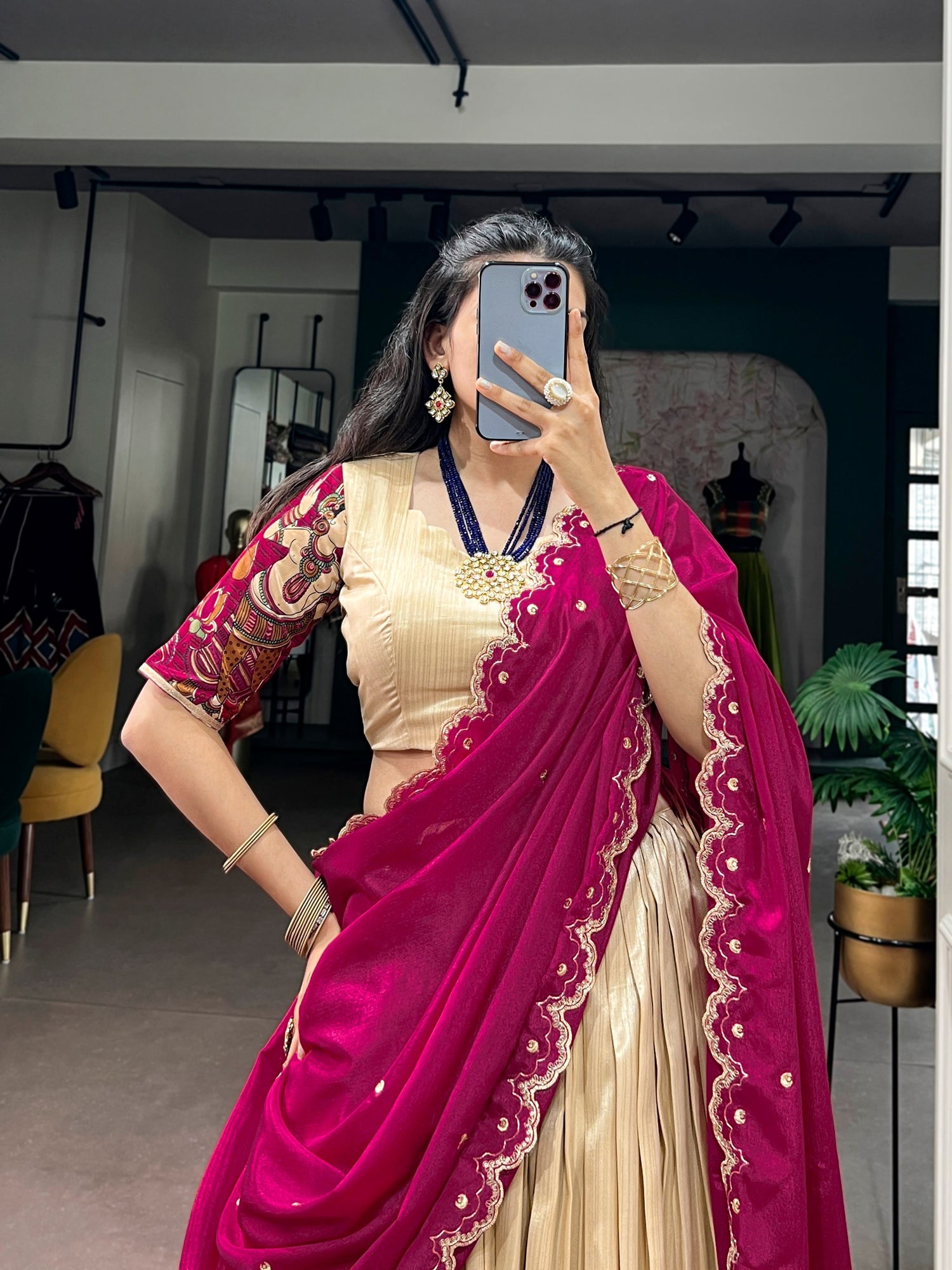 Off White Pure Tasar Silk Kalamkari Print Navratri Lehenga Choli