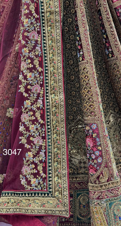 Maroon Pure Velvet Heavy Embroidery Patch Work &amp; Sequins Thread Work Bridal Lehenga Chol