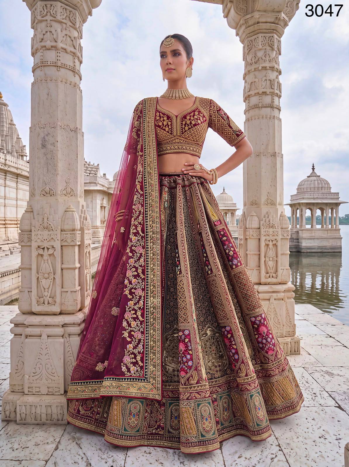 Maroon Pure Velvet Heavy Embroidery Patch Work &amp; Sequins Thread Work Bridal Lehenga Chol