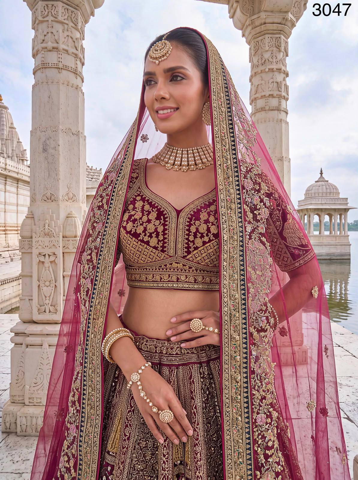 Maroon Pure Velvet Heavy Embroidery Patch Work &amp; Sequins Thread Work Bridal Lehenga Chol