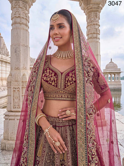 Maroon Pure Velvet Heavy Embroidery Patch Work &amp; Sequins Thread Work Bridal Lehenga Chol