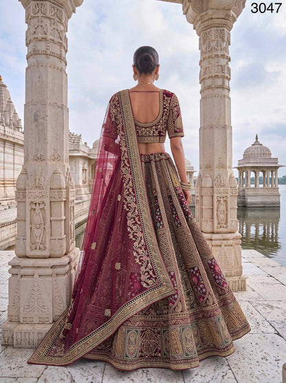 Maroon Pure Velvet Heavy Embroidery Patch Work &amp; Sequins Thread Work Bridal Lehenga Chol