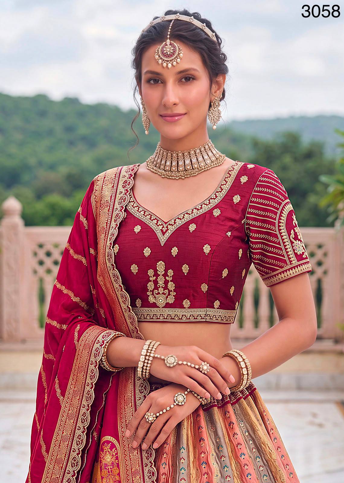 Multi Pink Pure Banarasi Silk Zari Handwork Crystal studded Thread Work Bridal Lehenga Choli
