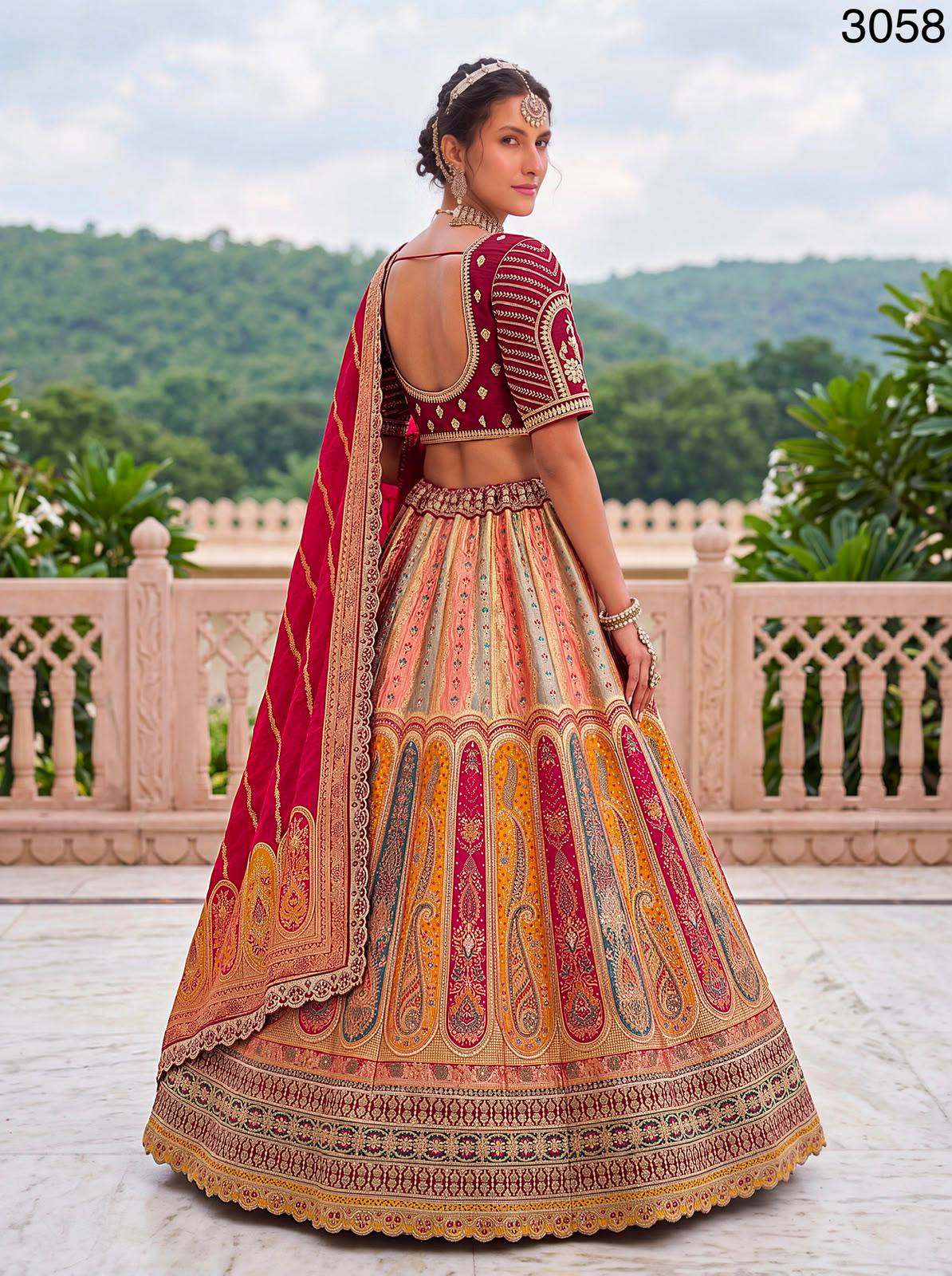 Multi Pink Pure Banarasi Silk Zari Handwork Crystal studded Thread Work Bridal Lehenga Choli