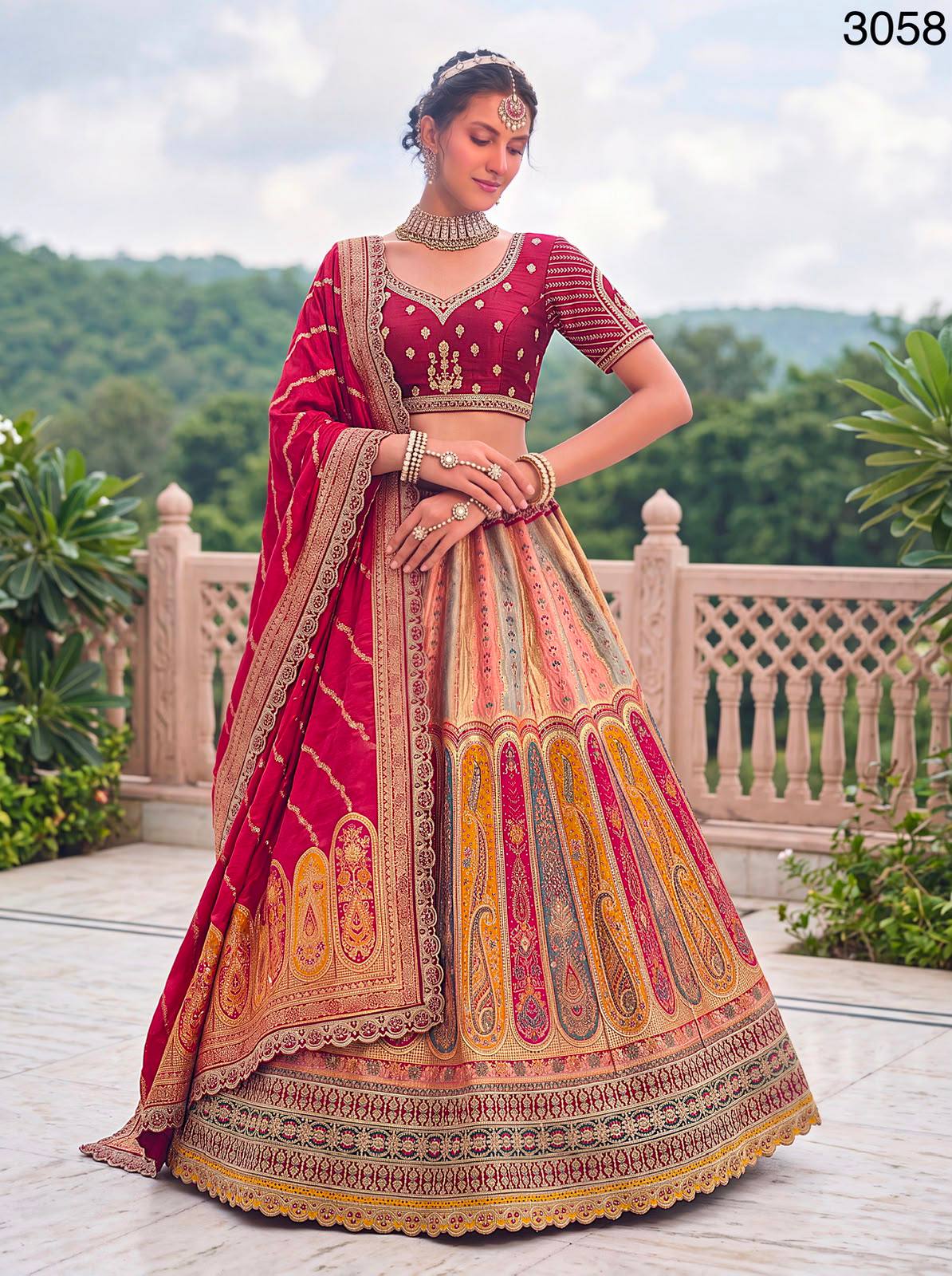 Multi Pink Pure Banarasi Silk Zari Handwork Crystal studded Thread Work Bridal Lehenga Choli